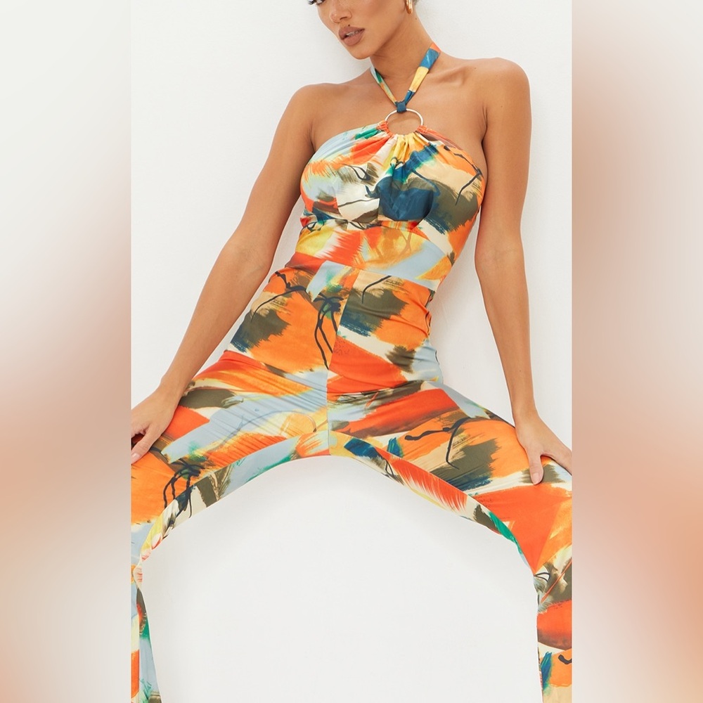 PrettyLittleThing multi abstract print ring halterneck jumpsuit